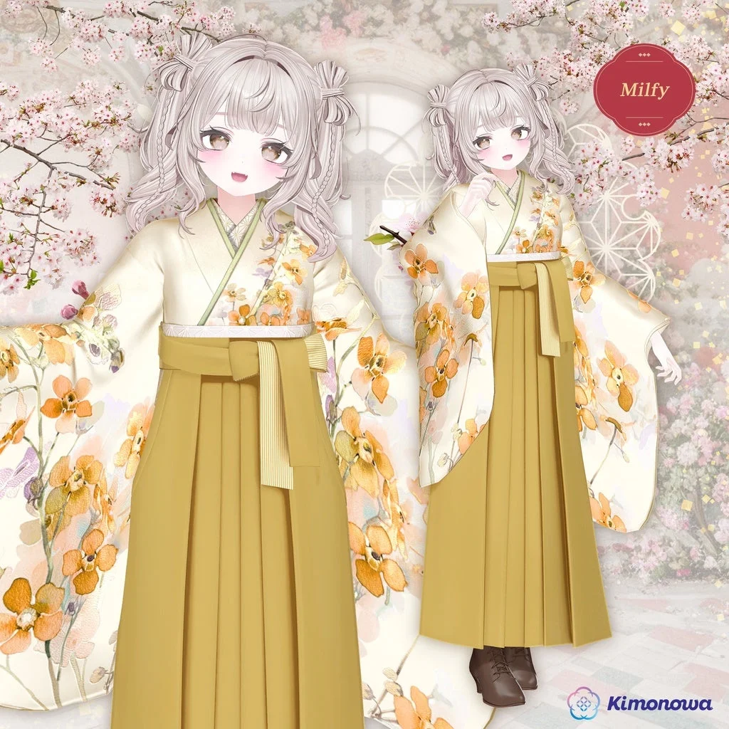 桜を背景に、クリーム色の着物にオレンジの花柄、マスタードイエローの袴を着用したアニメ風の女の子