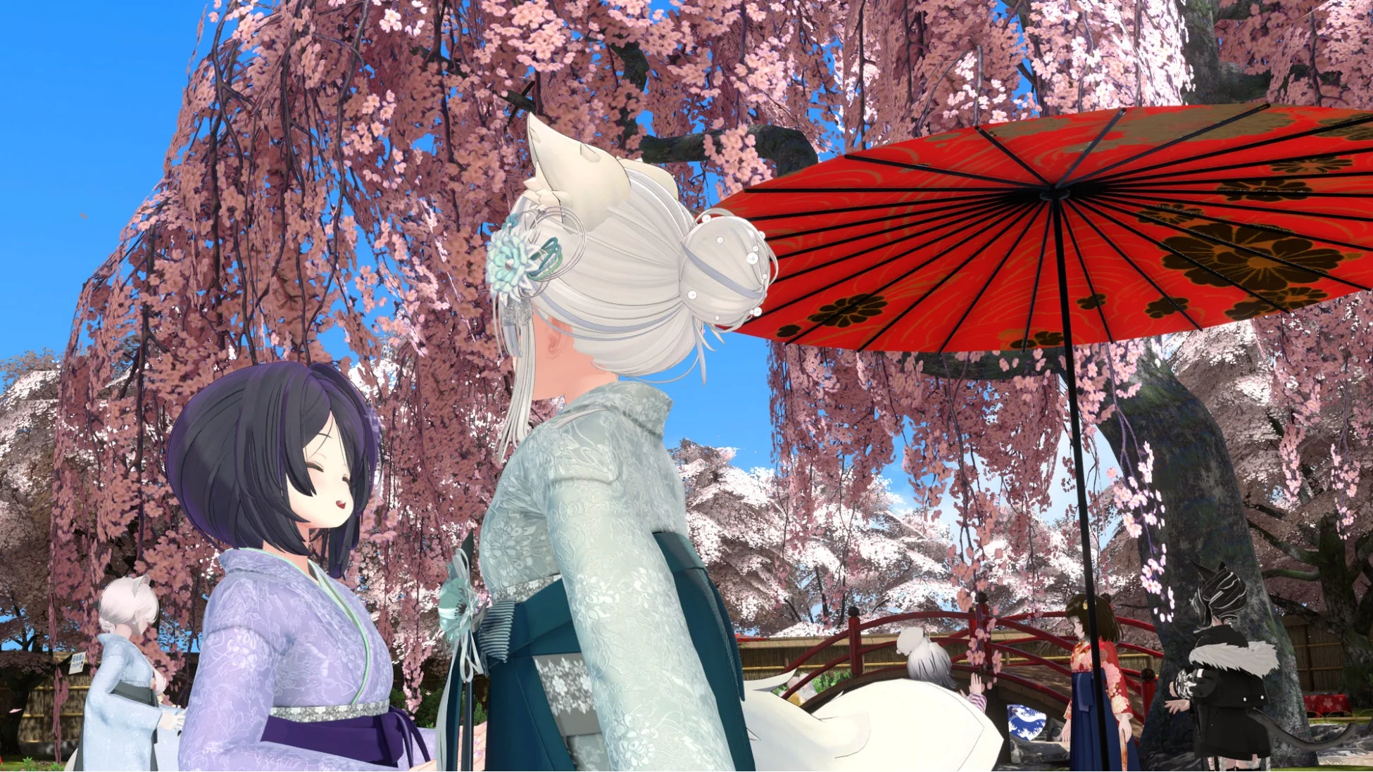 満開の桜の下、着物姿のキャラクターたちが集まっている様子