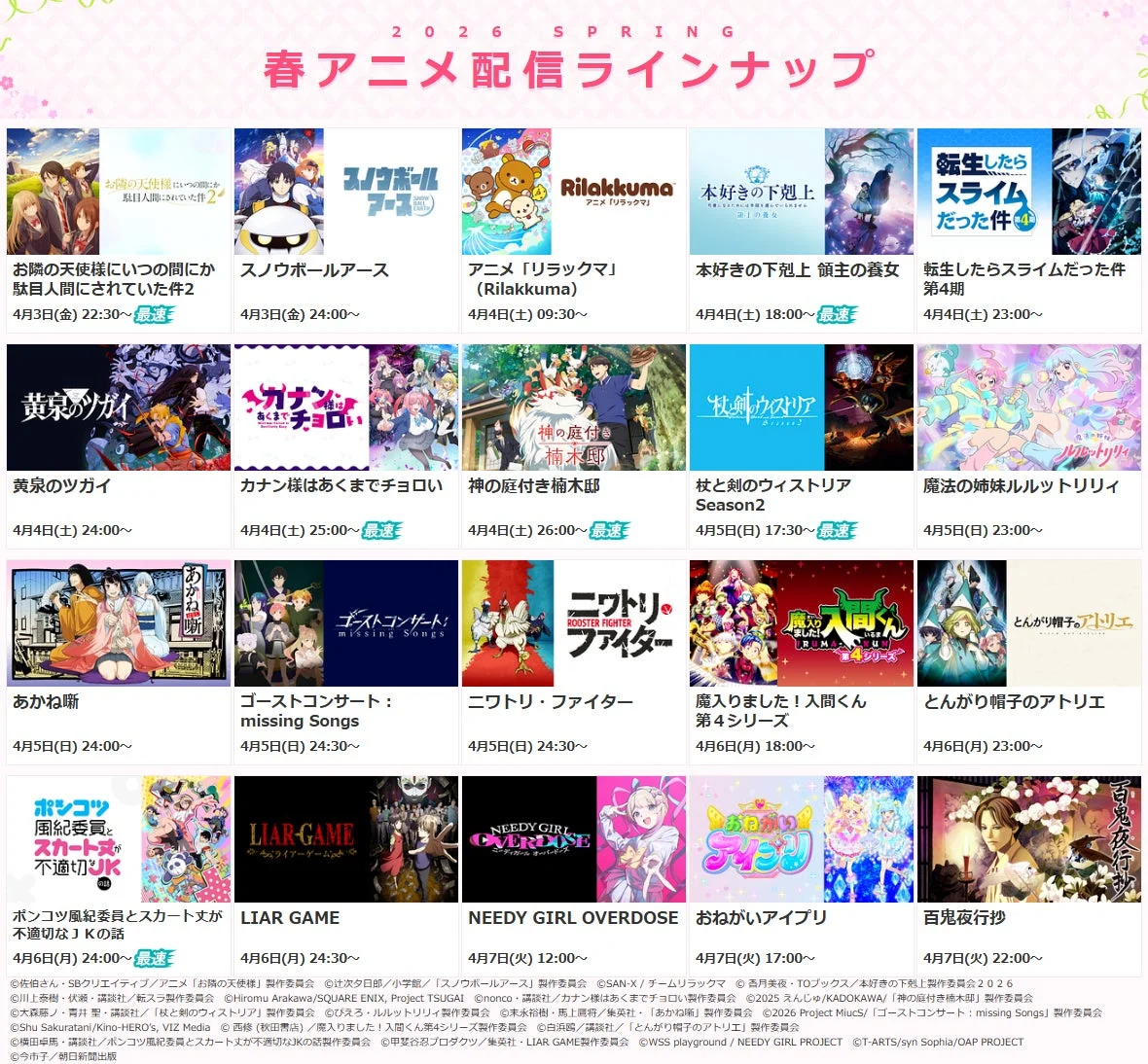 2026 SPRING 春アニメ配信ラインナップ