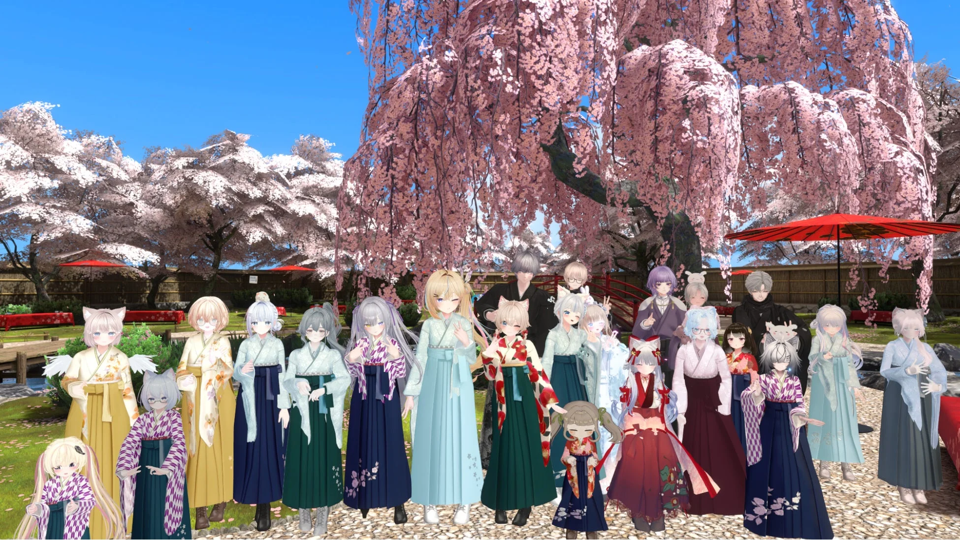桜が満開の日本庭園で、様々な和服を着た多数のアニメ風キャラクターたちが集合している様子