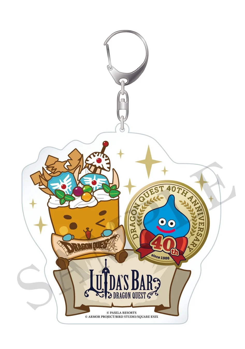 ドラゴンクエスト40周年を記念した「ルイーダの酒場」コラボレーションのアクリルキーホルダーです。スライムと可愛らしいデザート風キャラクターがデザインされています。