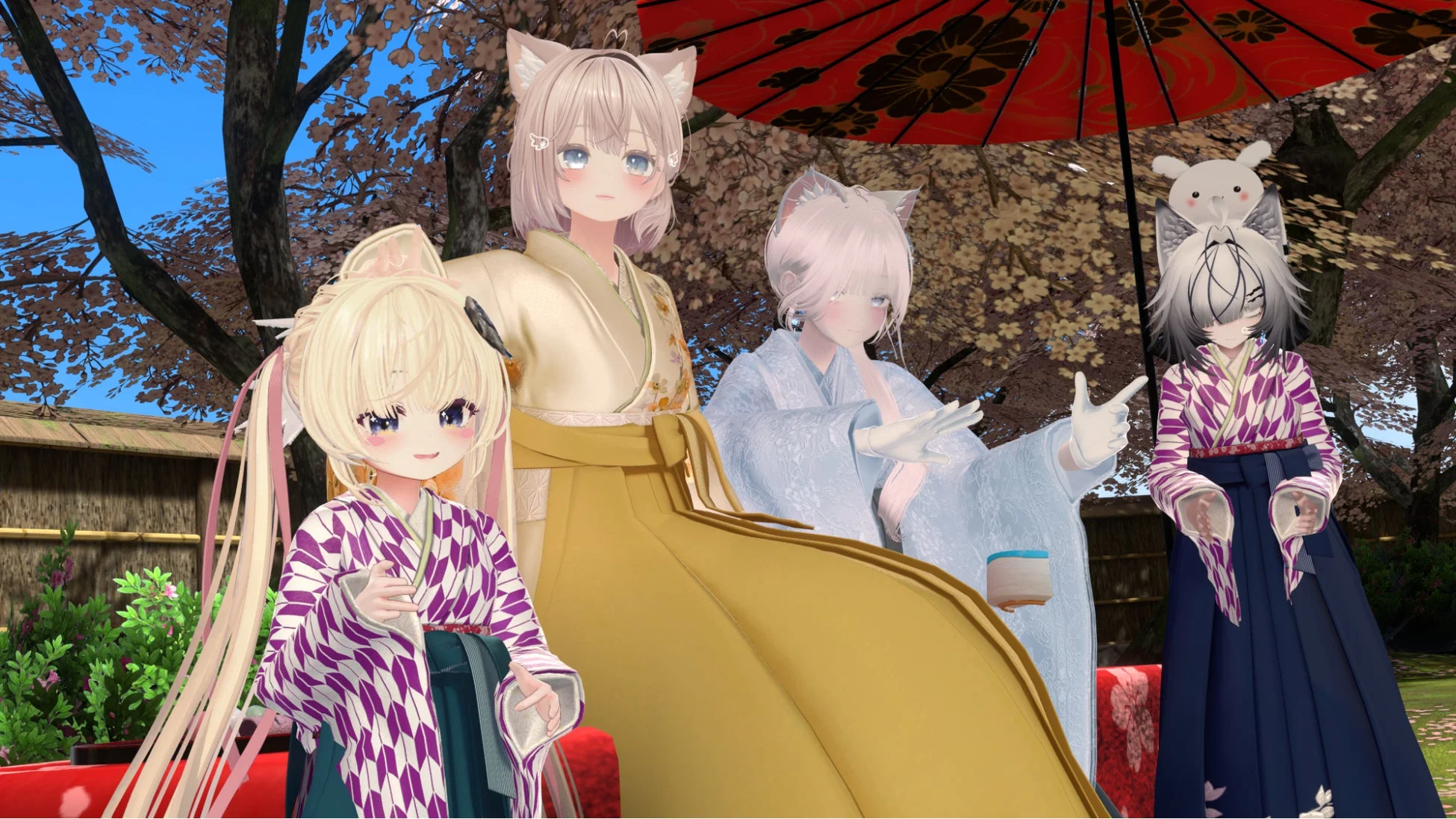 桜が咲き誇る日本庭園で、和服をまとった4人のアニメキャラクターが佇んでいます