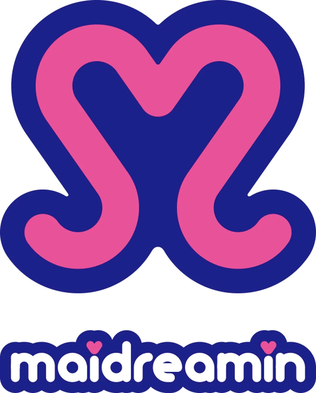 「maidreamin」のロゴと、ピンクと青で構成されたハートのような複雑なマークが描かれた画像です。メイドカフェのブランドロゴとして使用されています。