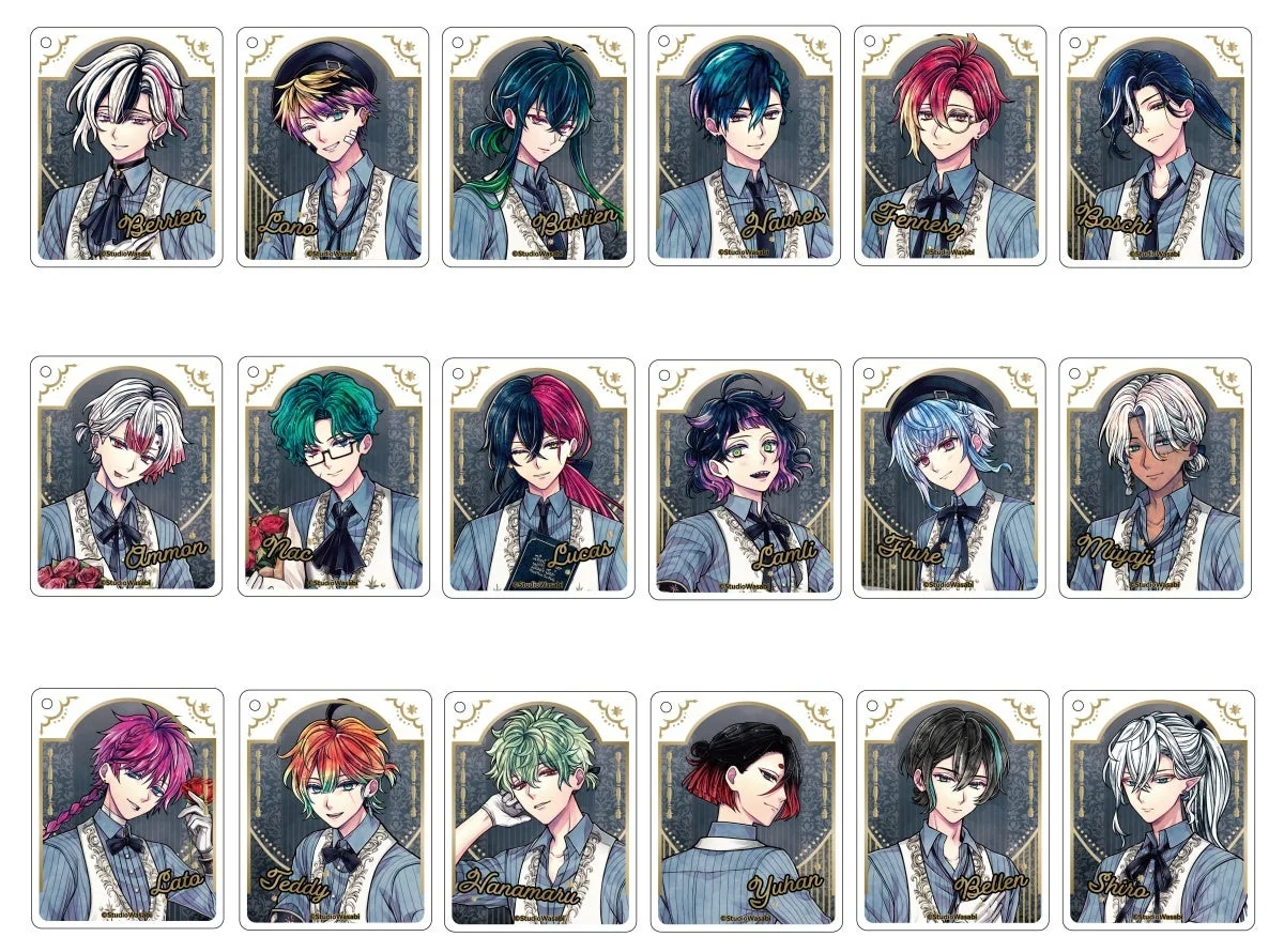 Studio Wasabiによる18人のアニメ風男性キャラクターが描かれたカードコレクションです。各キャラクターは個性的な髪型や色を持ち、ストライプのシャツとベストのエレガントな制服を着用しています。グッズ展開されているイラストのようです。