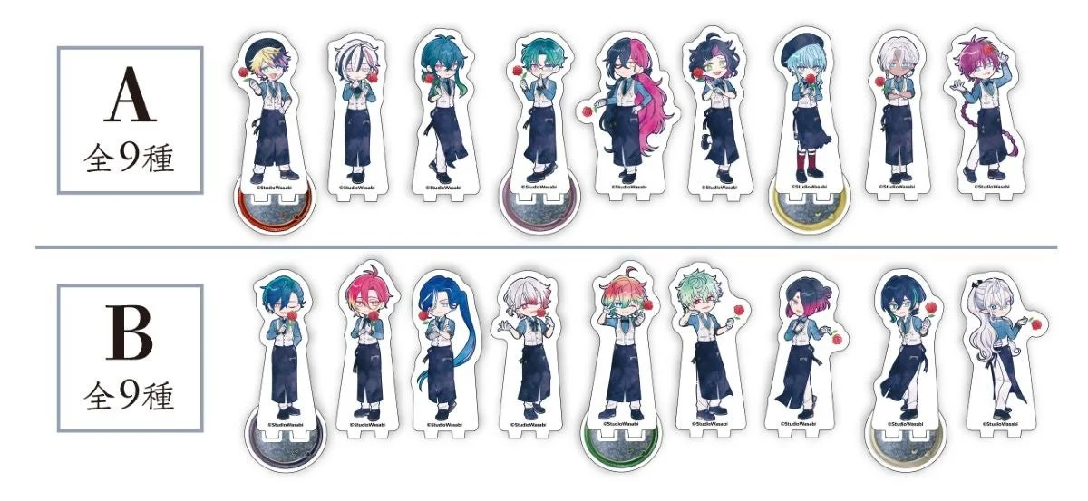 アニメキャラクターのアクリルスタンドが2つのセット（AとB）に分かれており、それぞれ9種類のデザインがあります。全てのキャラクターは赤いバラを持ち、ウェイターのような制服を着用しています。