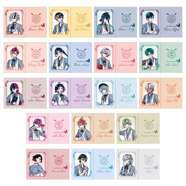 様々な髪型や服装をしたアニメ風の男性キャラクターが描かれた複数のカードを一覧表示しています。各カードにはキャラクターの名前と「Your Brother-Lover」というフレーズが記載されており、異なる背景色と蝶のモチーフが特徴です。