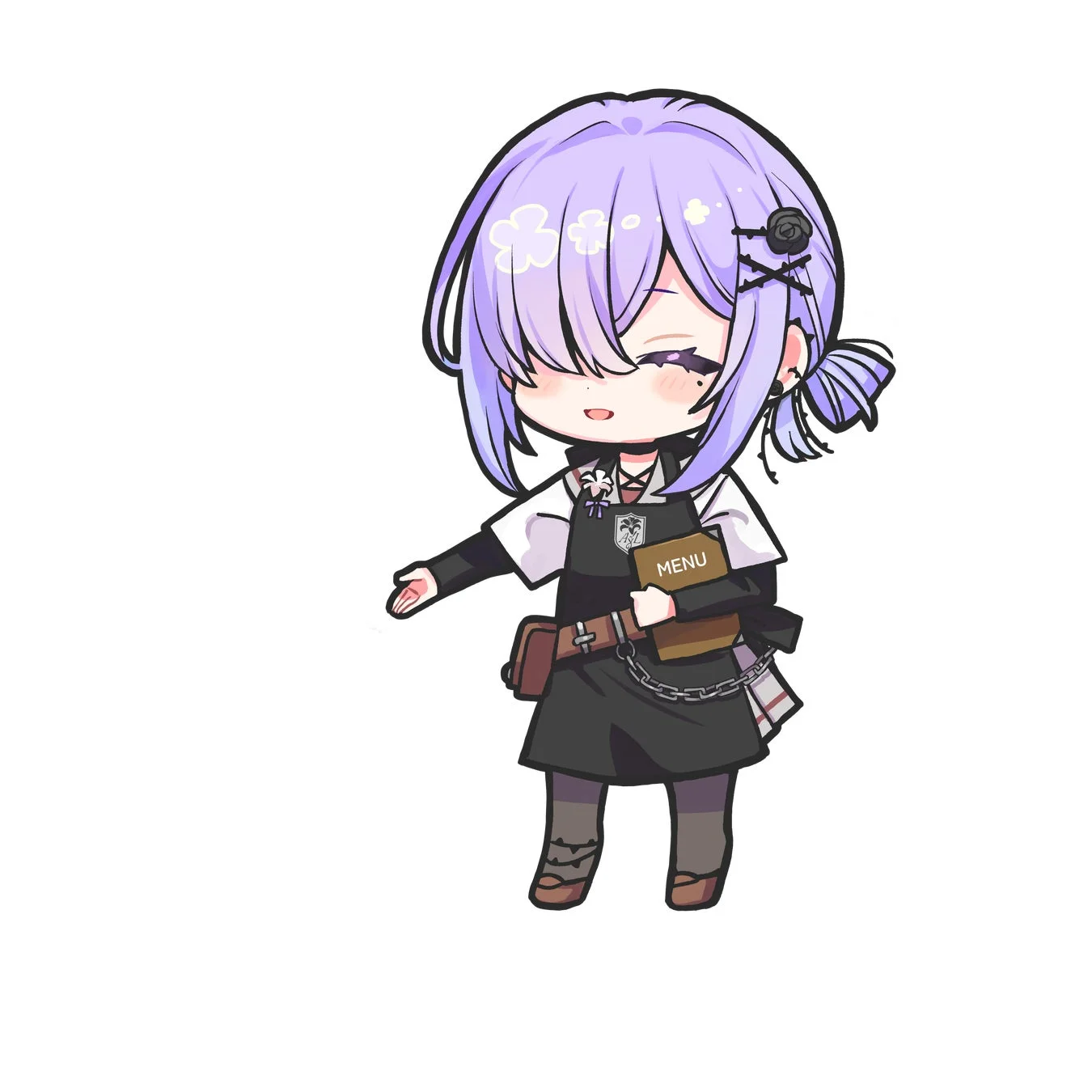 紫色の髪をしたちびキャラの少女がエプロンを着用し、片手に「MENU」と書かれた本を持ち、もう一方の手を差し出している可愛らしいイラストです。