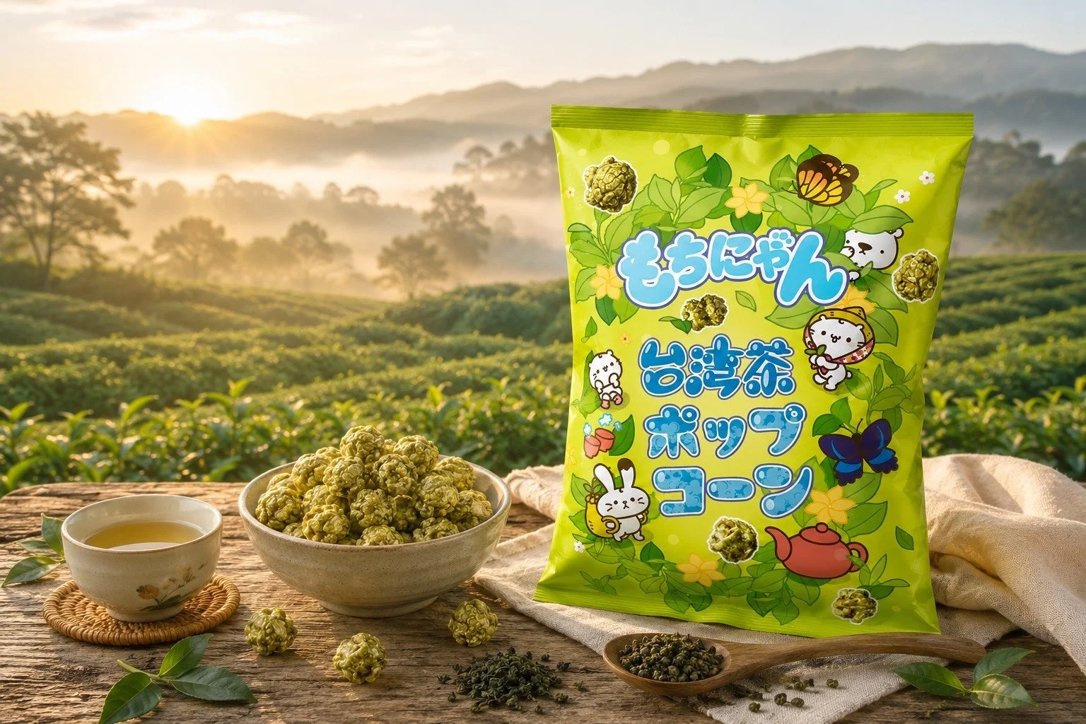 茶畑を背景にした台湾茶ポップコーン