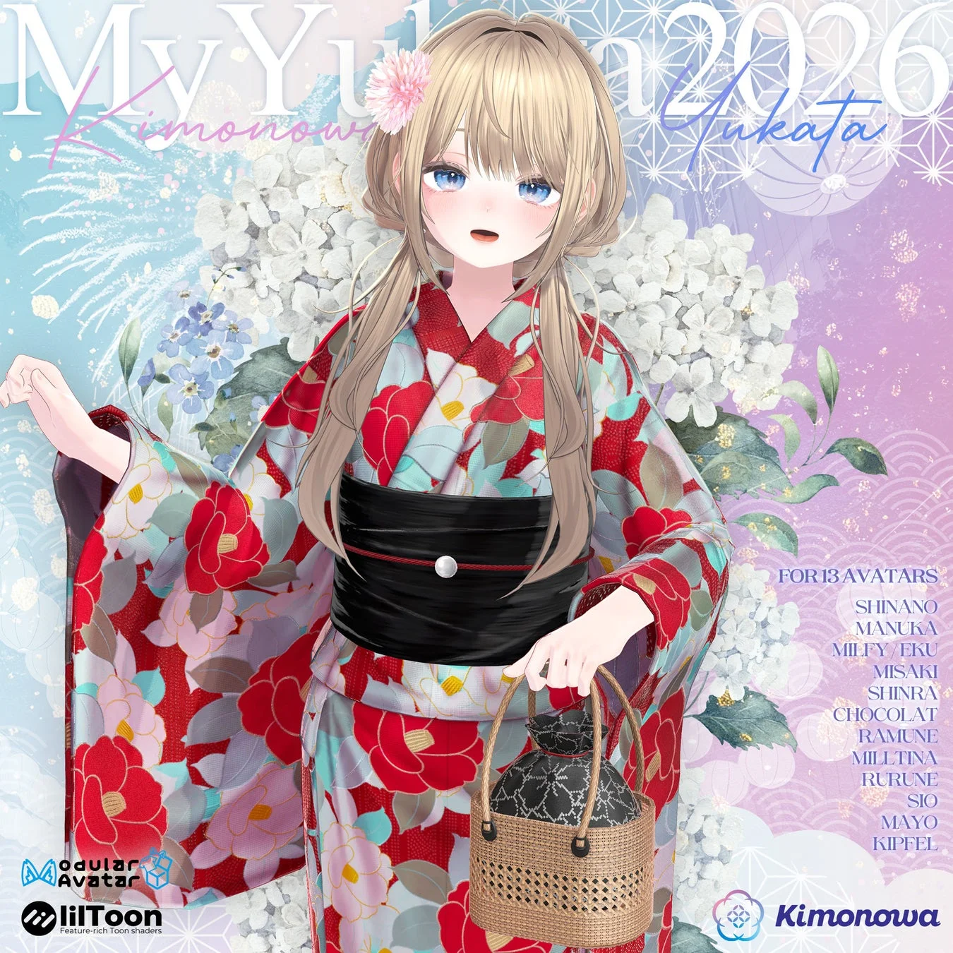 花火とアジサイを背景に、花柄の浴衣を着た金髪の女性キャラクターのイラスト