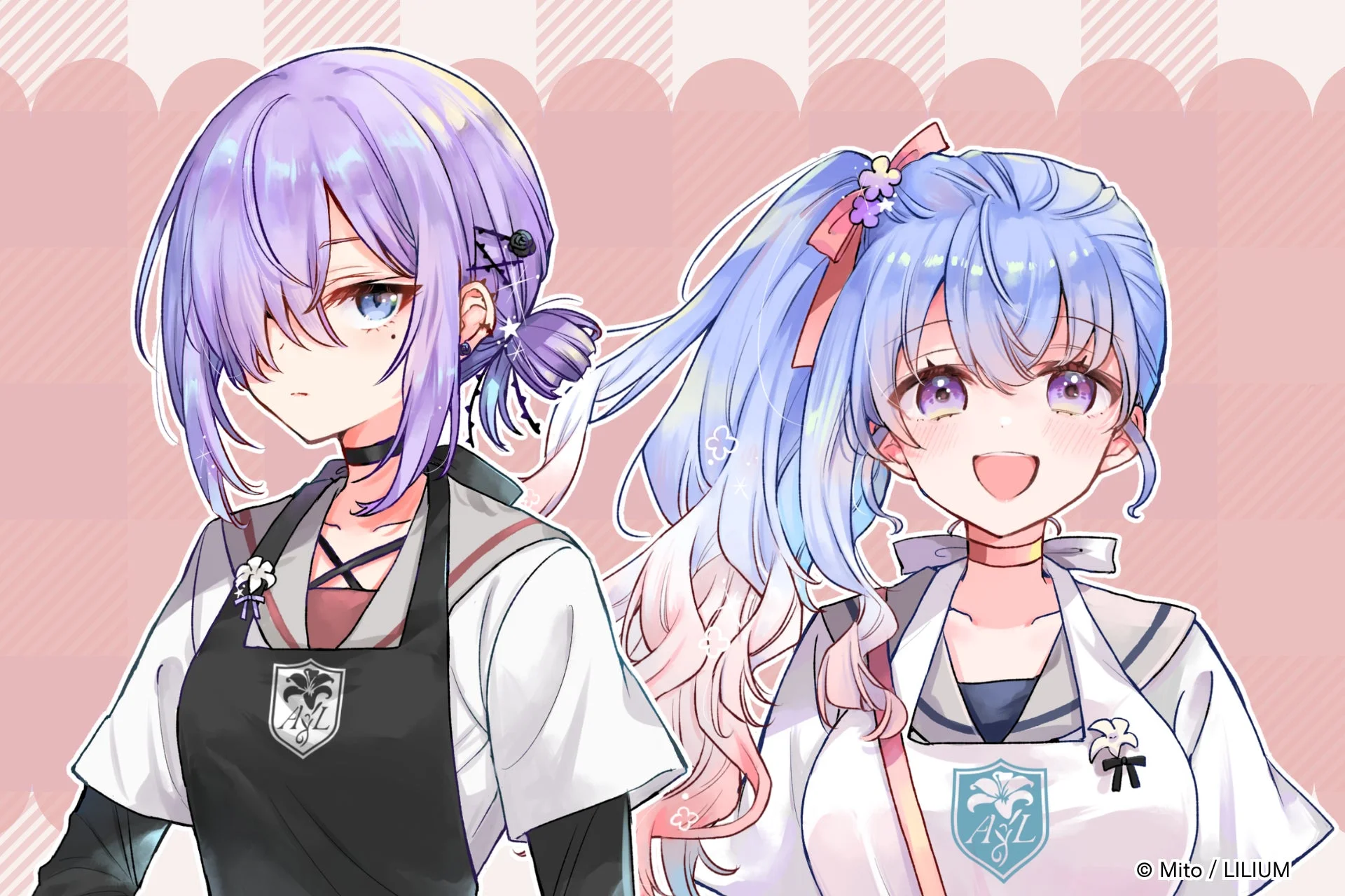 ピンクの背景を背に、制服とエプロンを着用した二人のアニメ調の少女