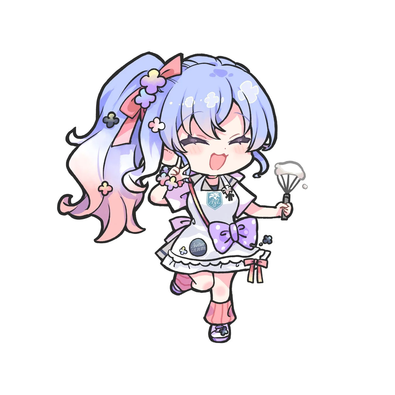 青とピンクのグラデーションヘアを持つちびキャラの女の子が、エプロンを着て泡立て器を手に笑顔で跳ねているイラストです。