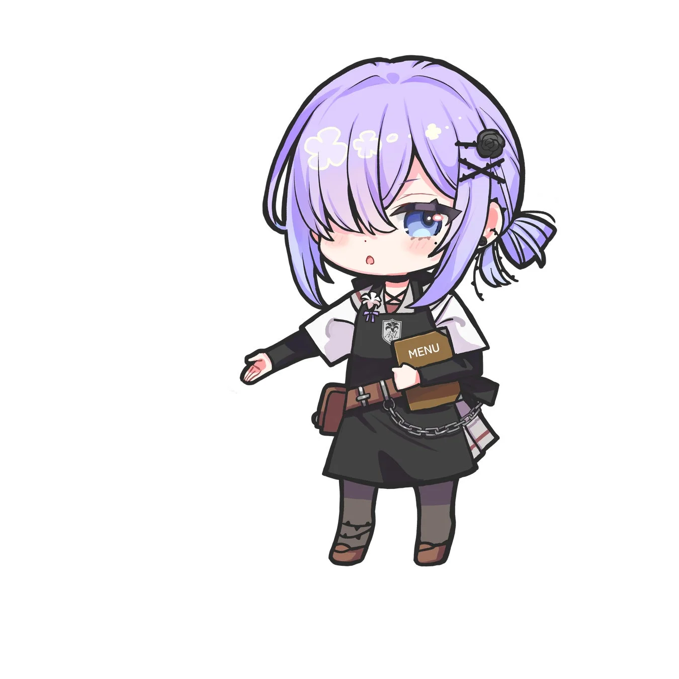 紫色の髪をした可愛らしいちびキャラの女の子が、エプロン姿でメニューブックを持ち、片手を差し出しています。