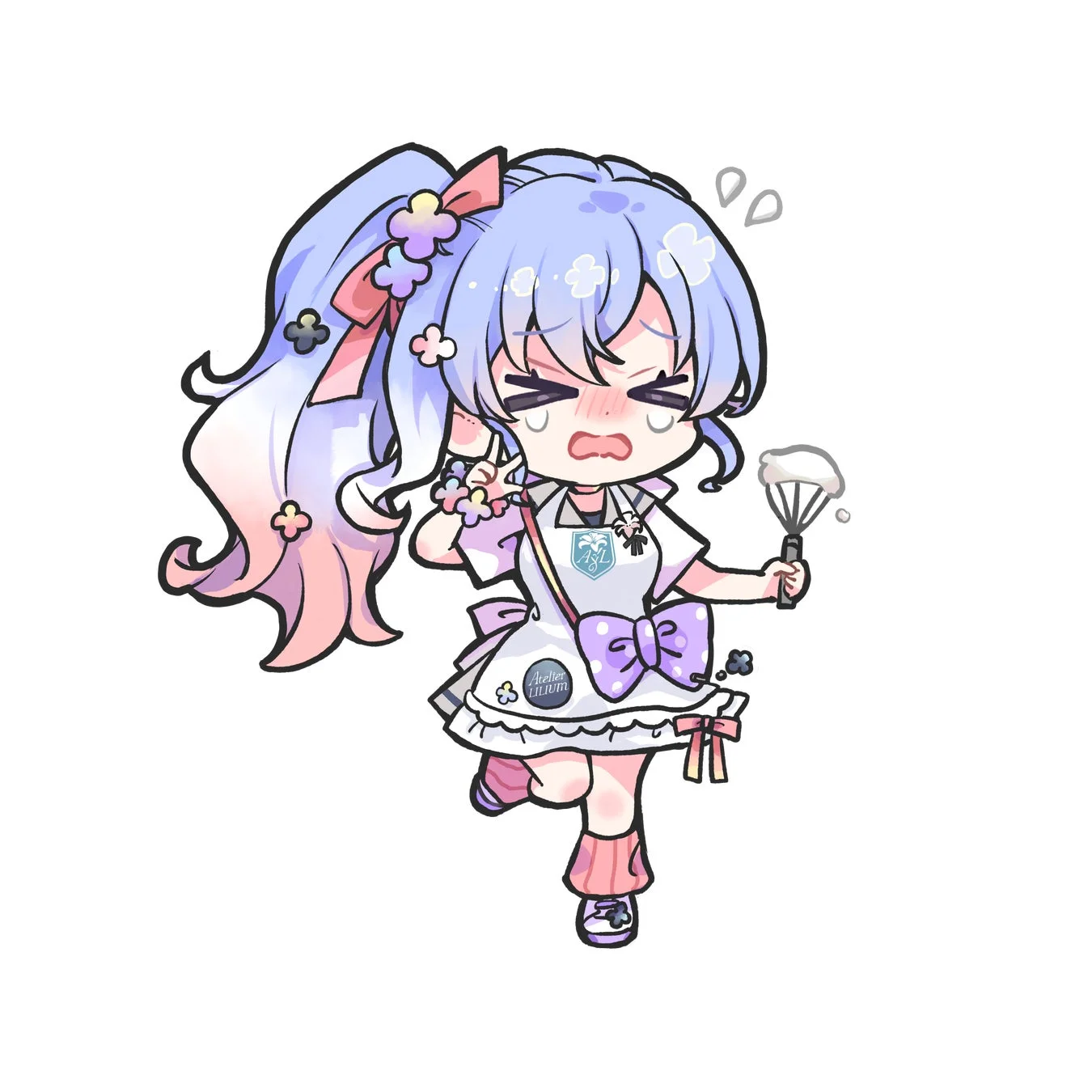 パステルカラーの髪を持つちびキャラの女の子が、エプロン姿で泡立て器を持ち、困ったような泣き顔を見せています。