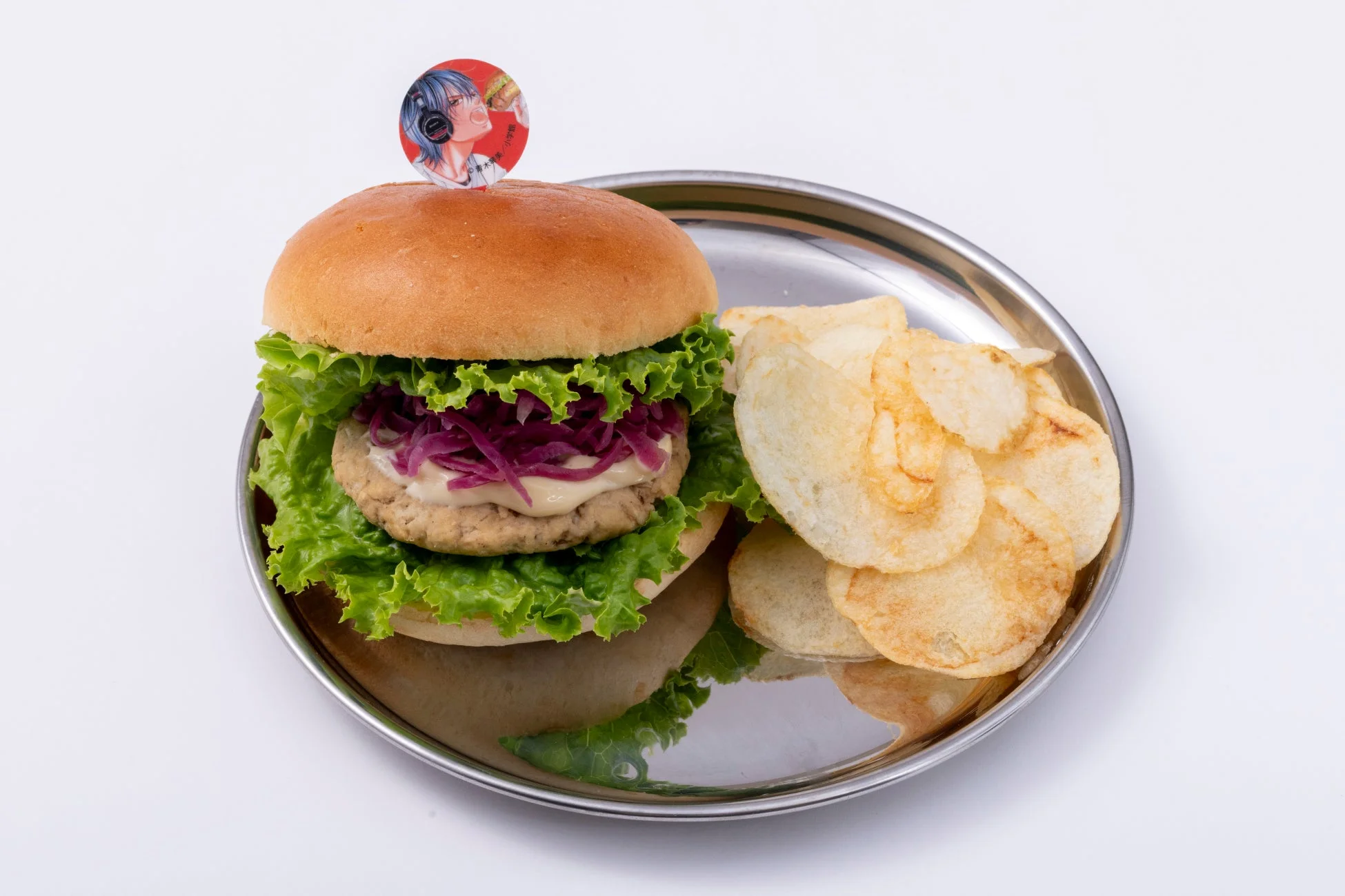 ハンバーガー、ポテトチップス、ファストフード、食事、アニメキャラクター、ピック、レタス、紫キャベツ、パティ、白い背景、プレート