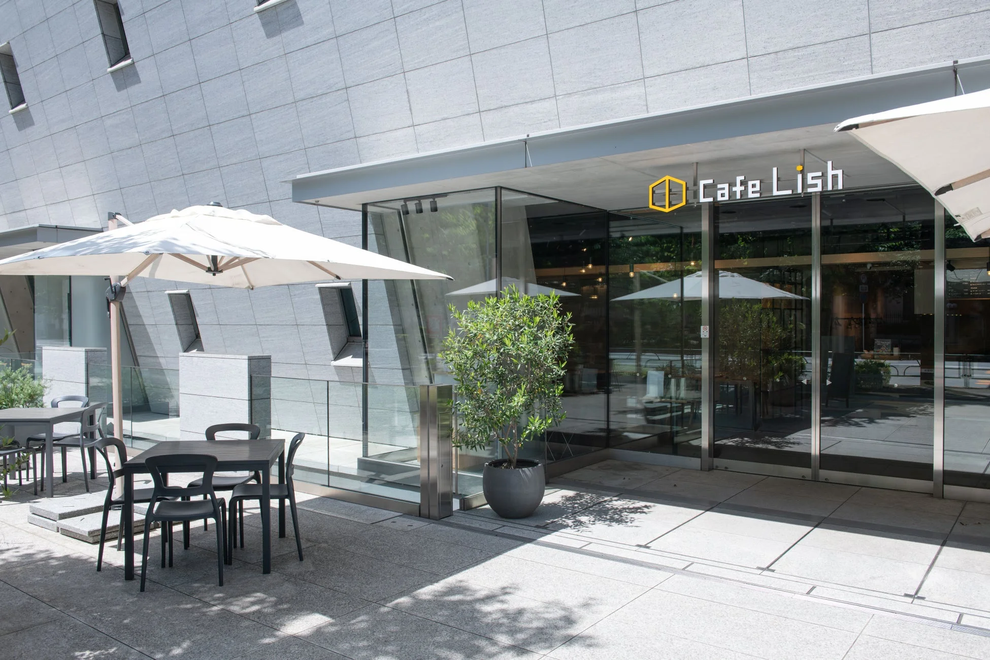 カフェ,テラス席,屋外,モダン建築,パラソル,植物,晴れ,都市,飲食店