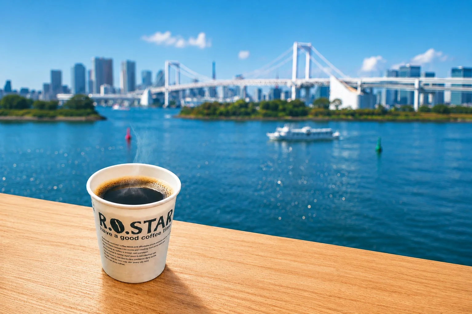 晴れた日の屋外テラスで、湯気の立つコーヒーカップとレインボーブリッジの景色